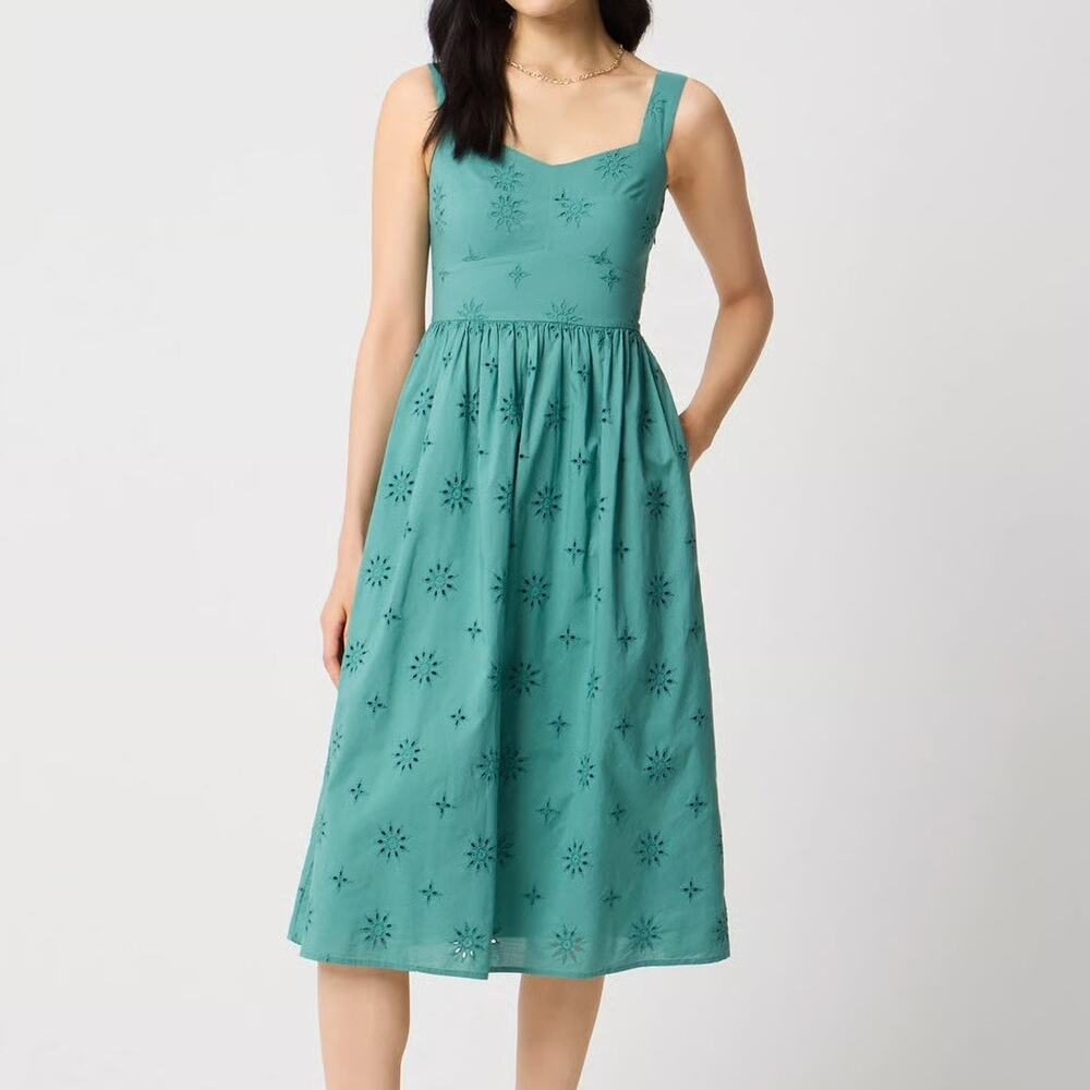 J Crew Women's 6 Midi Dress Eyelet Sleeveless 100% Cotton Fit Flare Sundress